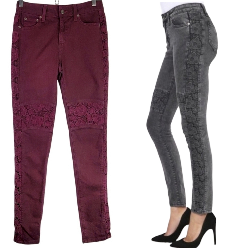 Carmar LF Mid-rise Crochet Lace Moto Skinny Jeans Burgundy Wine 26